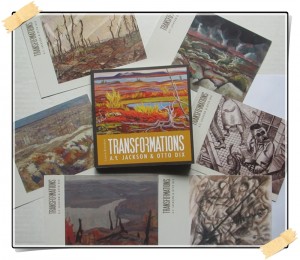 Photo of catalogue and postcards from the exhibit Transformations: A.Y. Jackson & Otto Dix